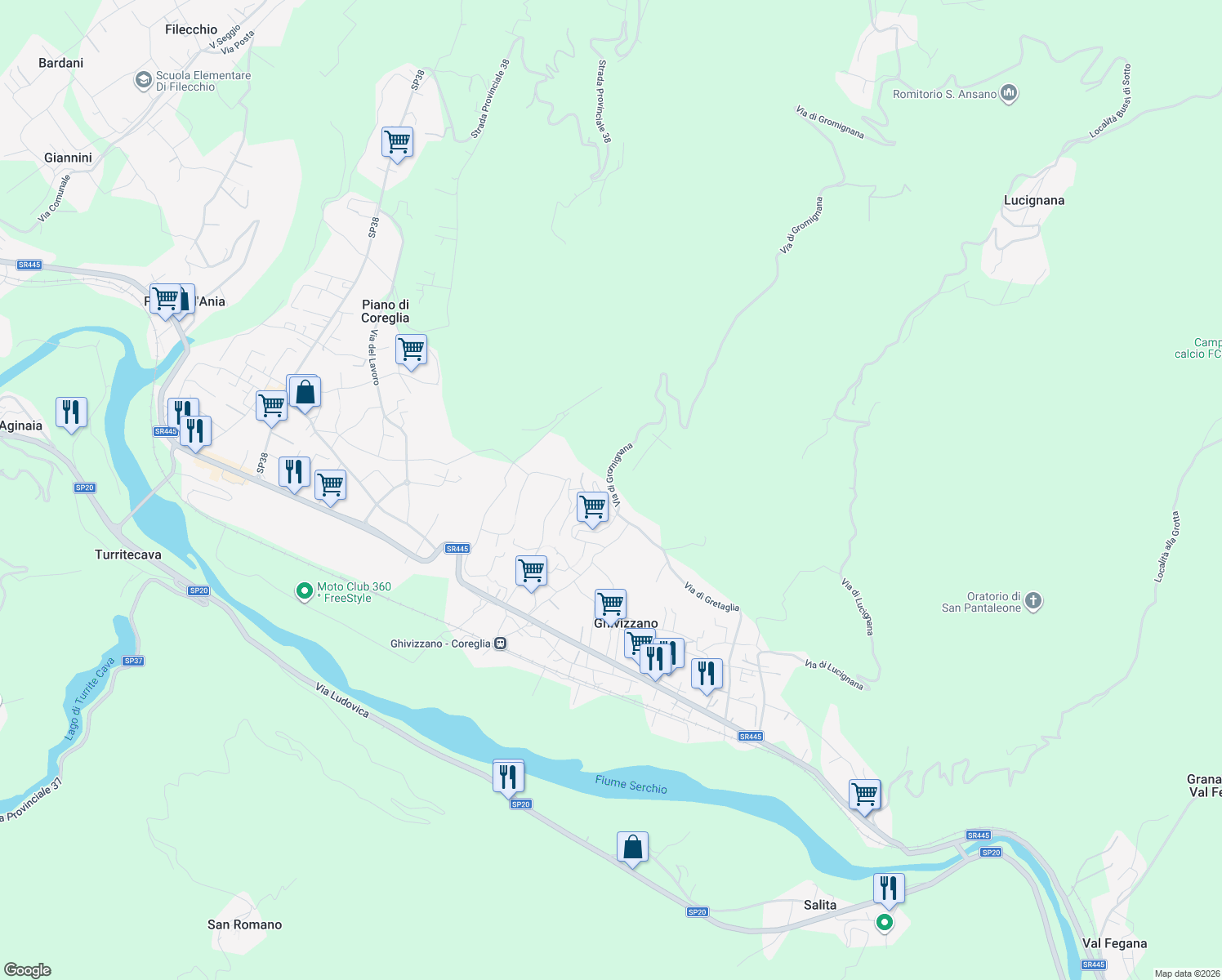 map of restaurants, bars, coffee shops, grocery stores, and more near 2 Via per Gromignana in Provincia di Lucca