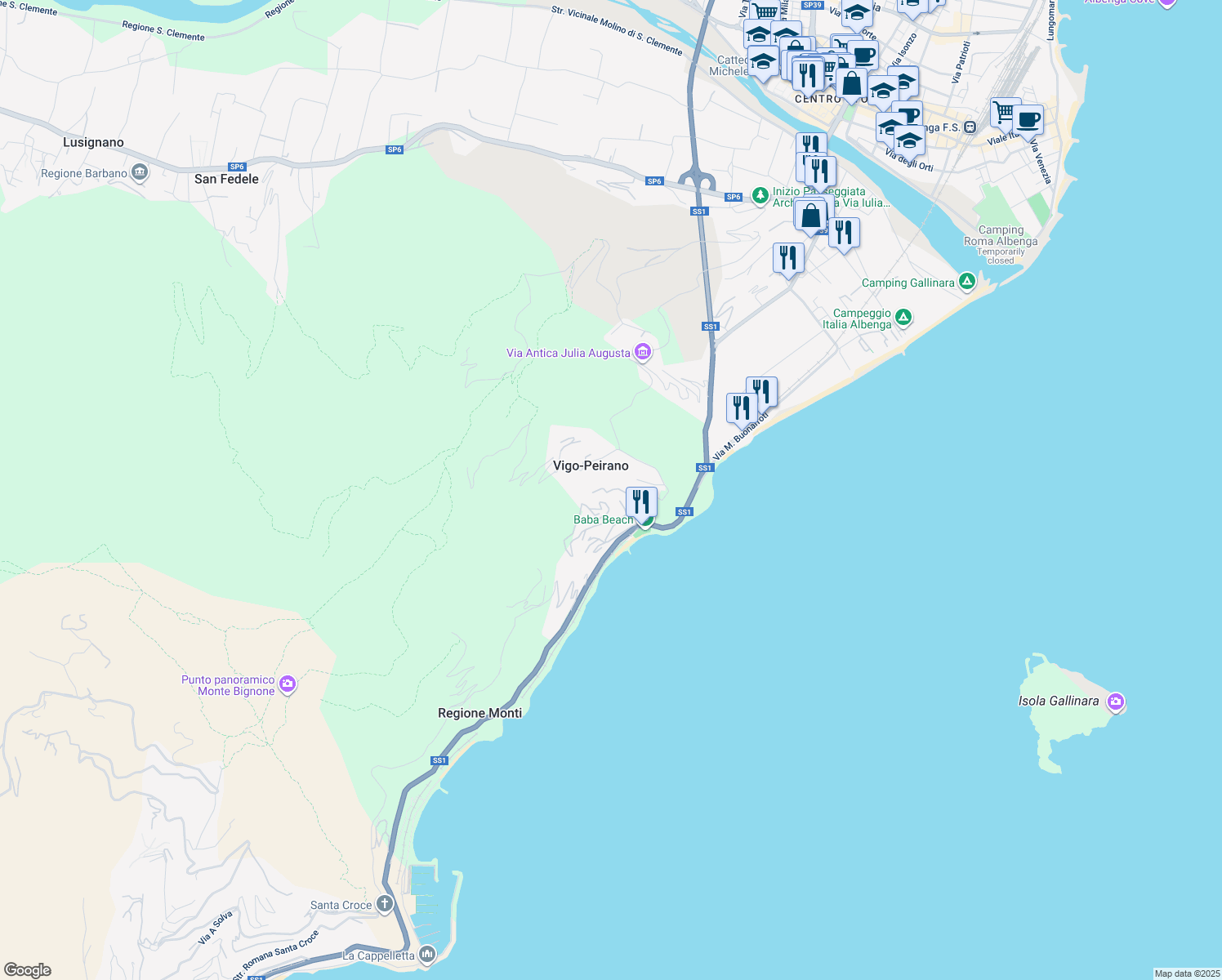 map of restaurants, bars, coffee shops, grocery stores, and more near Passeggiata Archeologica in Savona