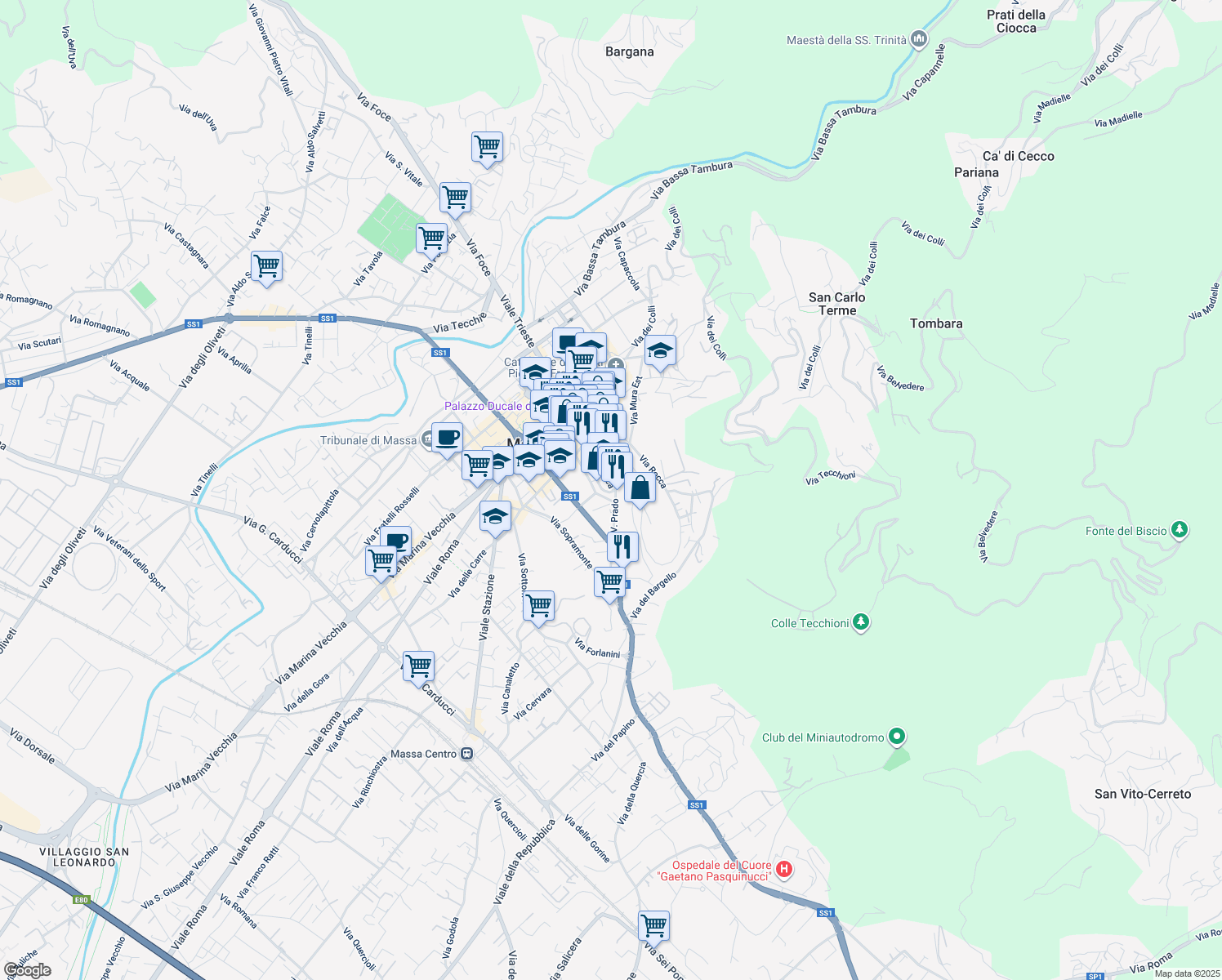 map of restaurants, bars, coffee shops, grocery stores, and more near 5 Piazza Martana in Massa