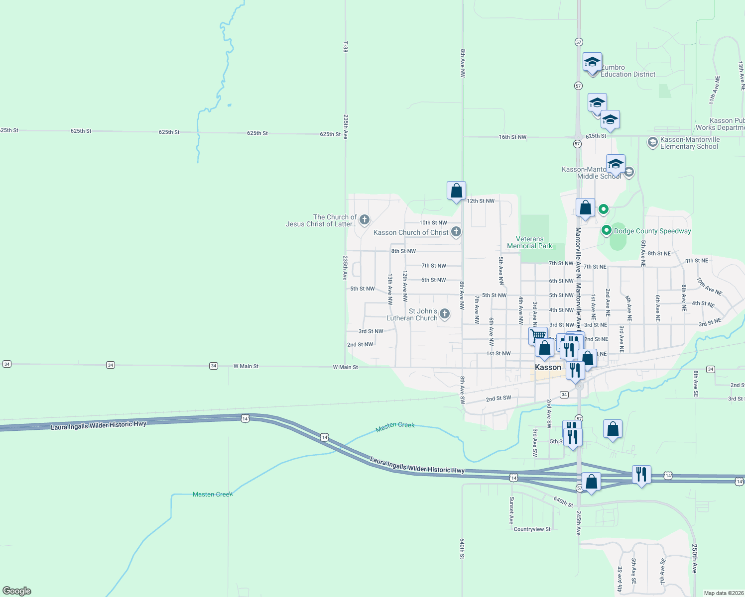 map of restaurants, bars, coffee shops, grocery stores, and more near 1401 4 1/2 Street Northwest in Kasson