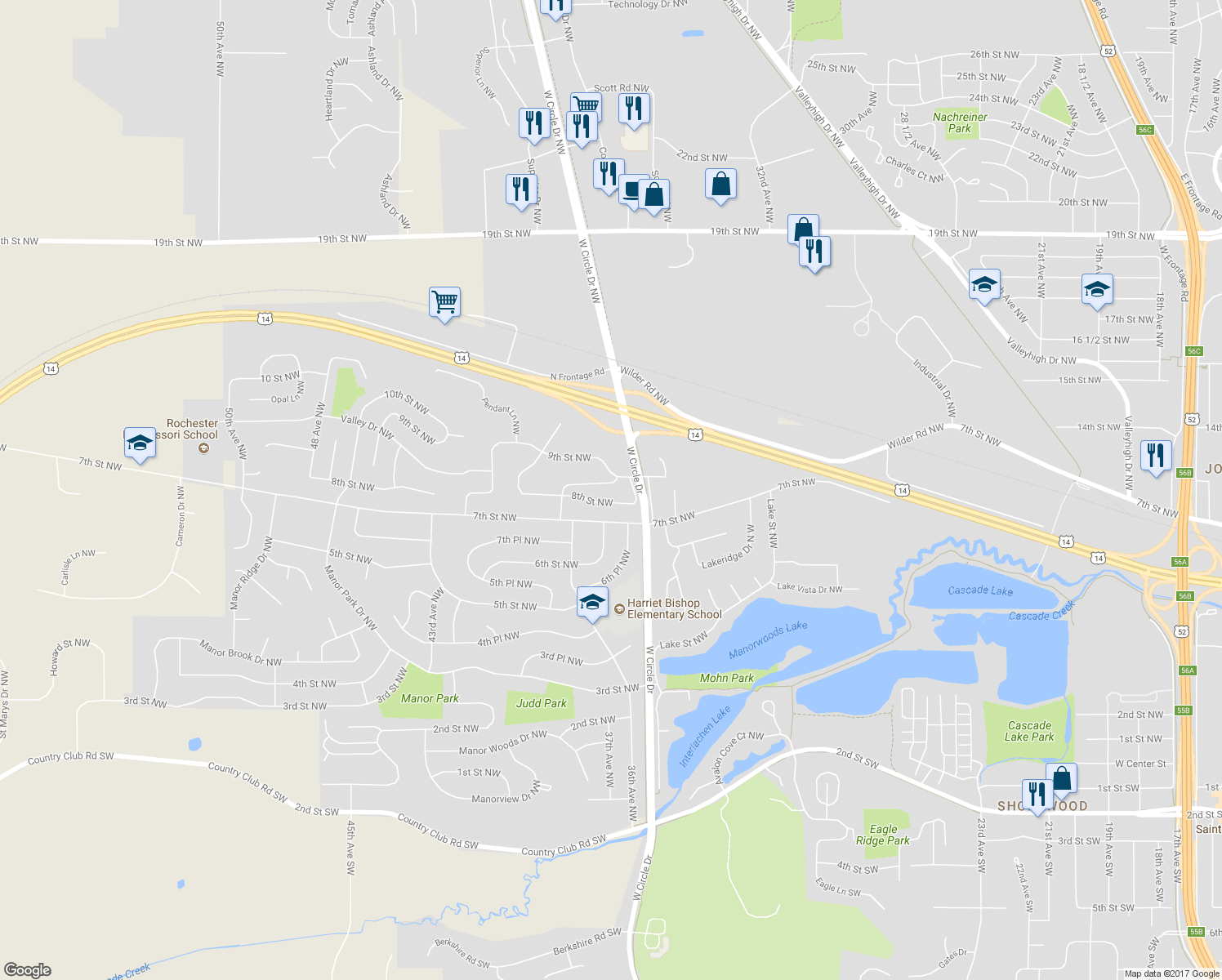 map of restaurants, bars, coffee shops, grocery stores, and more near 3562 8 1/2 Street Northwest in Rochester