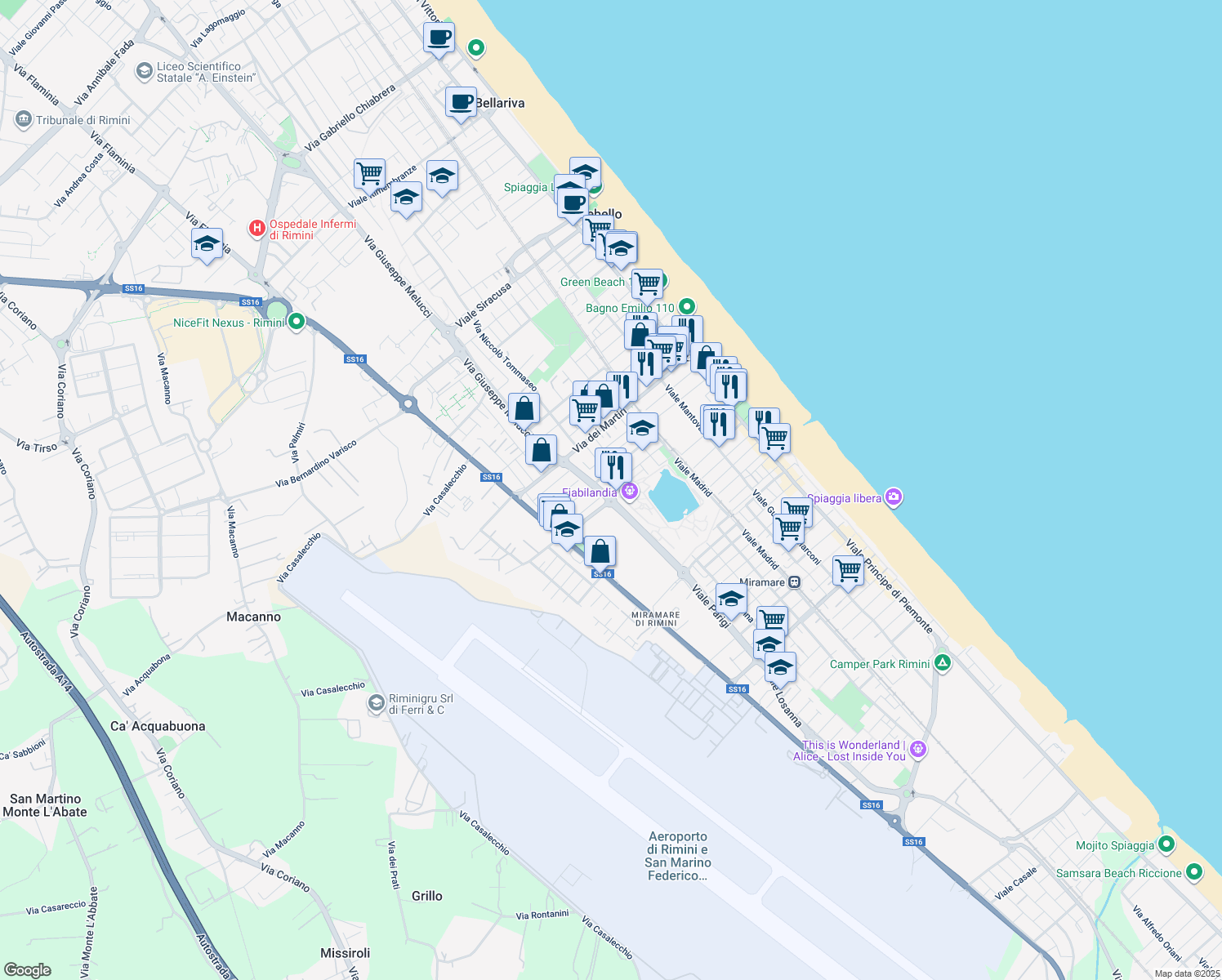 map of restaurants, bars, coffee shops, grocery stores, and more near 14-22 Via Gerolamo Cardano in Rimini