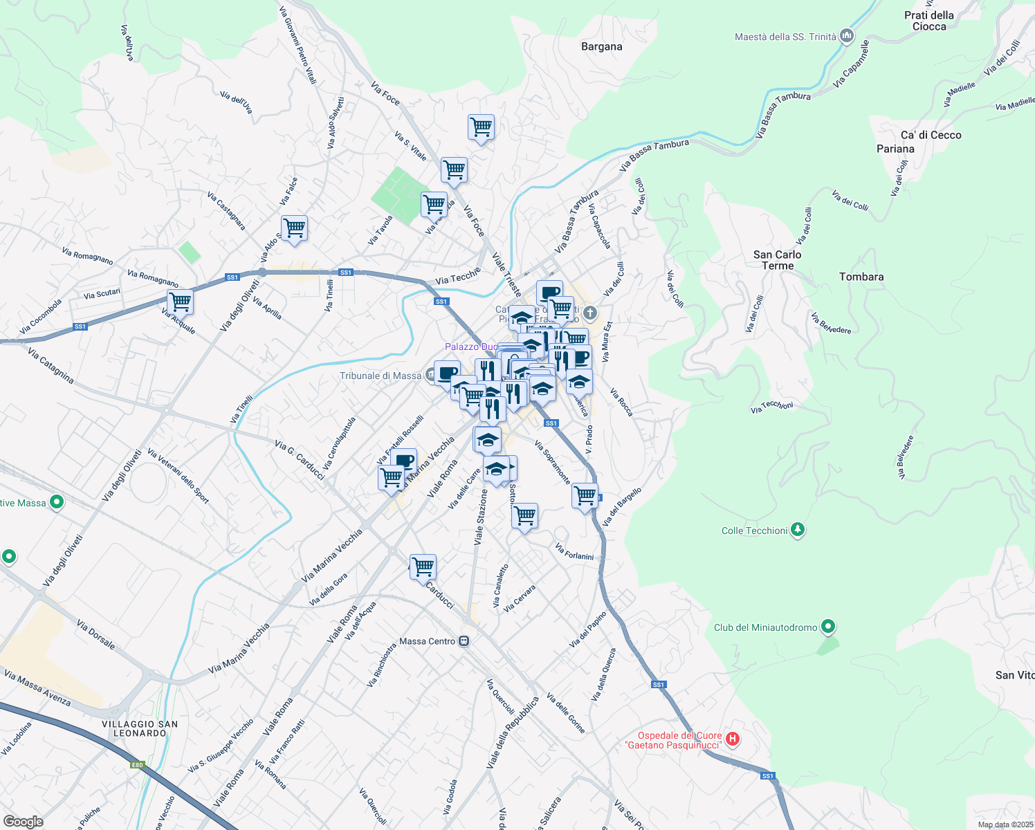 map of restaurants, bars, coffee shops, grocery stores, and more near Galleria Sanzio in Massa