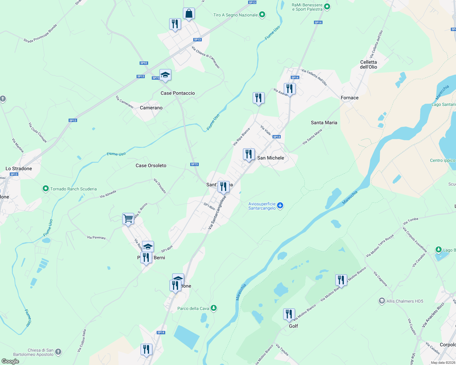 map of restaurants, bars, coffee shops, grocery stores, and more near 6 Via delle Ginestre in Sant'Andrea