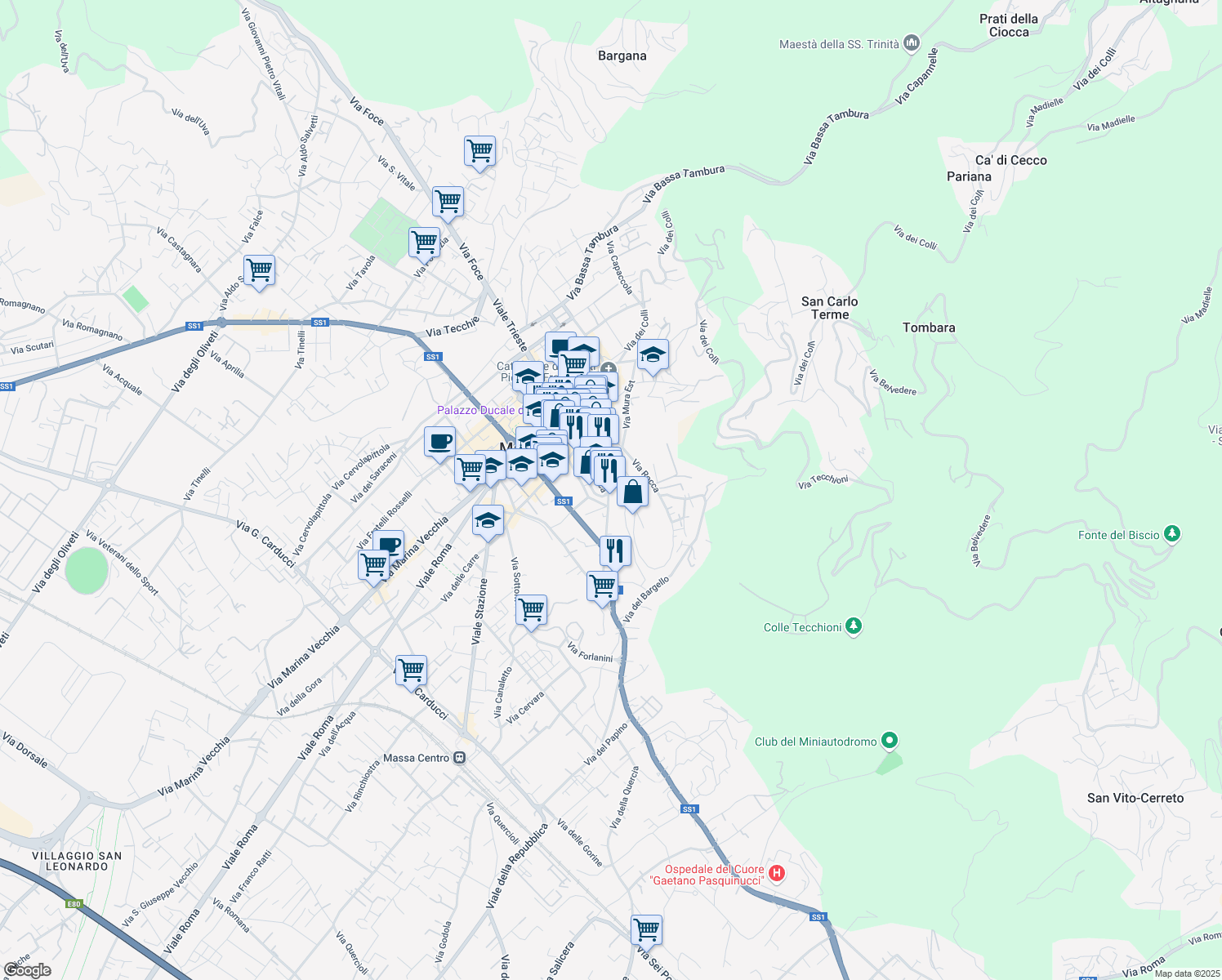 map of restaurants, bars, coffee shops, grocery stores, and more near 5 Piazza Martana in Massa