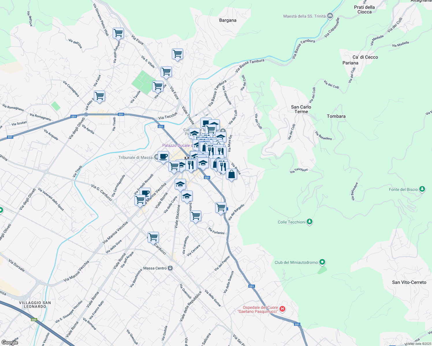 map of restaurants, bars, coffee shops, grocery stores, and more near 11 Piazza Bastione in Massa