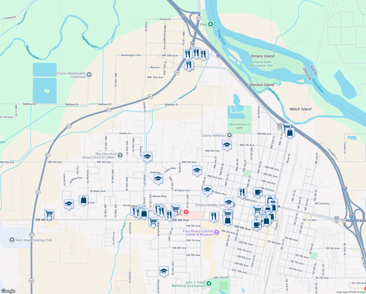 map of restaurants, bars, coffee shops, grocery stores, and more near 525 Northwest 11th Street in Ontario