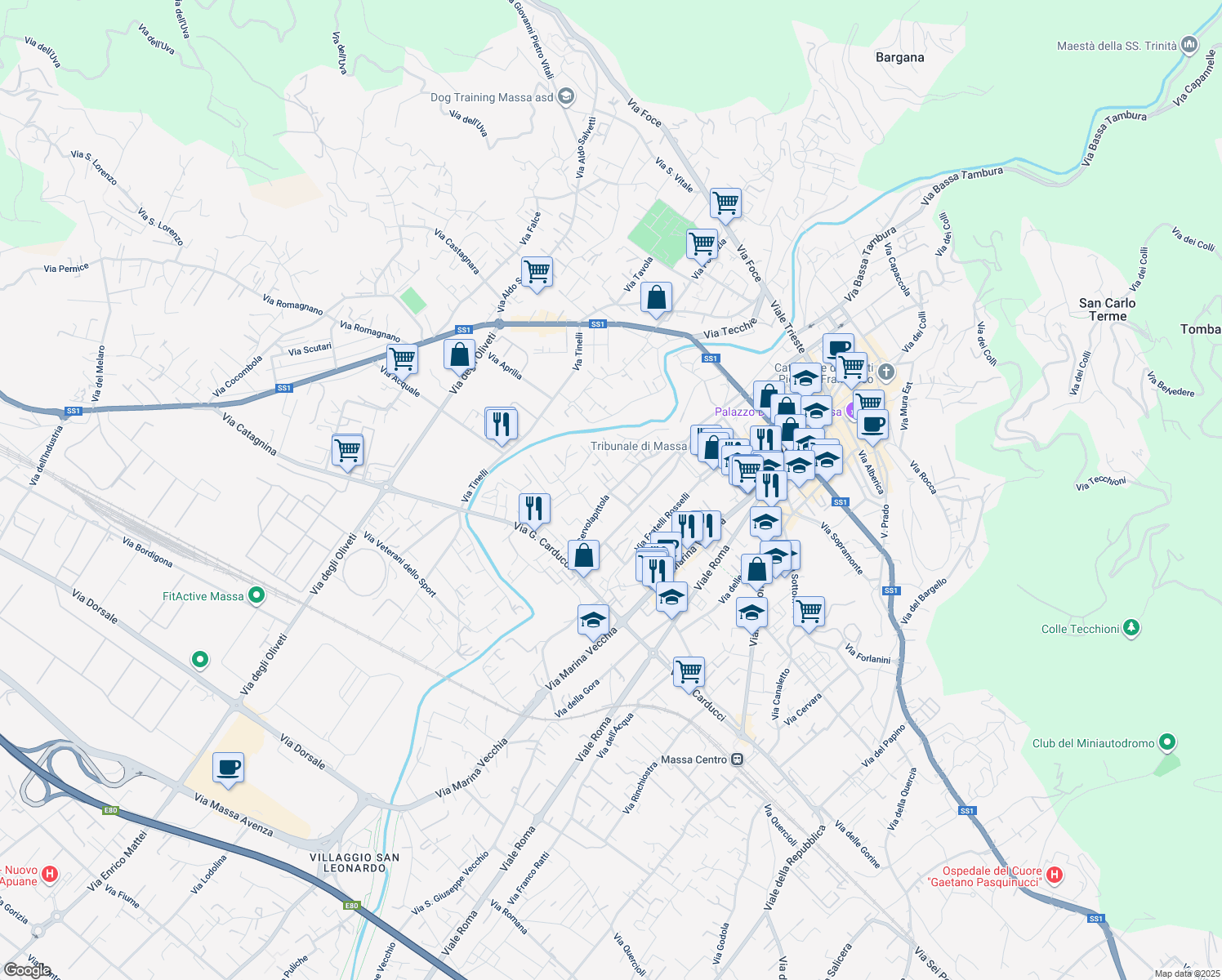 map of restaurants, bars, coffee shops, grocery stores, and more near 22a Via Cervolapittola in Massa