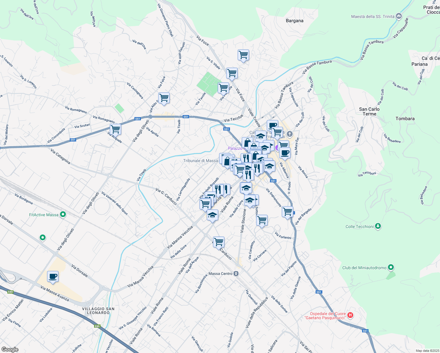 map of restaurants, bars, coffee shops, grocery stores, and more near 7 Via Cesare Beccaria in Massa