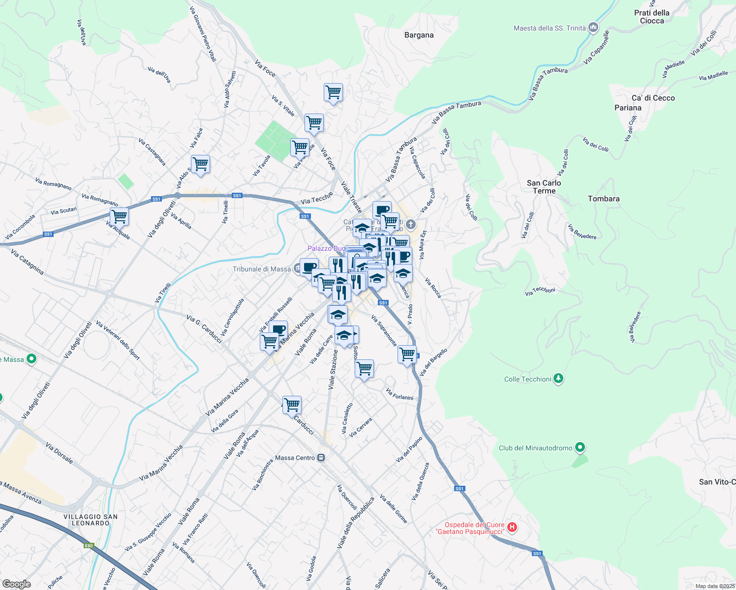 map of restaurants, bars, coffee shops, grocery stores, and more near Galleria Sanzio in Massa