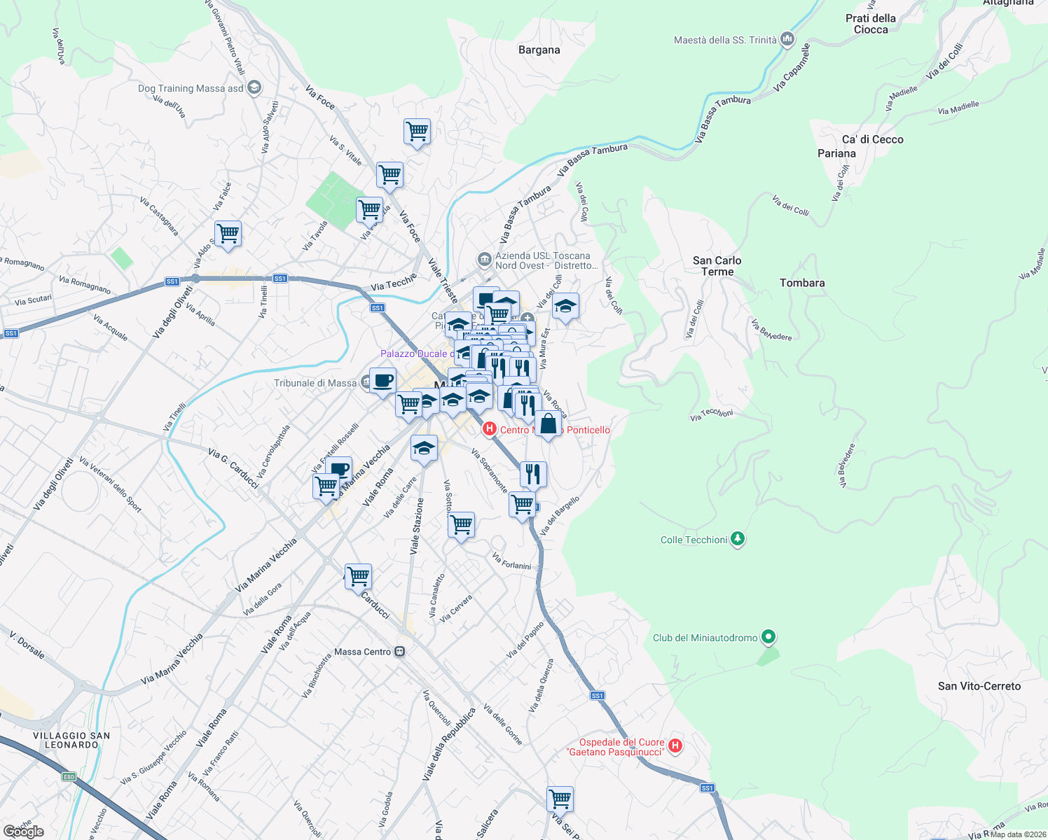 map of restaurants, bars, coffee shops, grocery stores, and more near 5 Piazza Martana in Massa