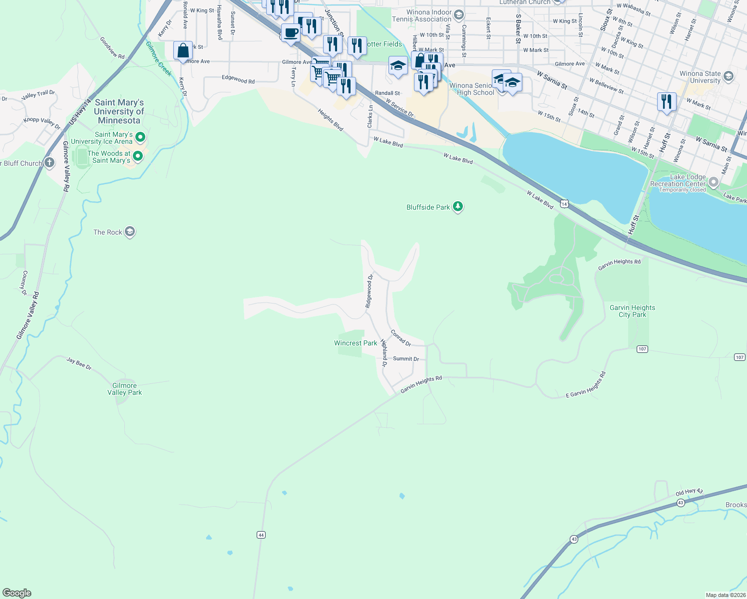 map of restaurants, bars, coffee shops, grocery stores, and more near 1324 Ridgewood Drive in Winona