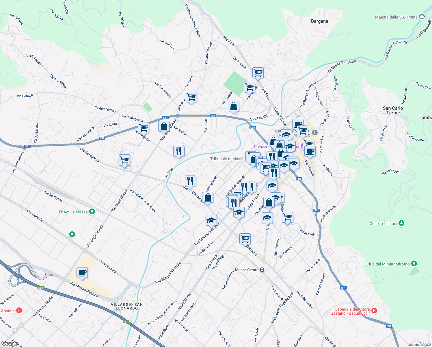 map of restaurants, bars, coffee shops, grocery stores, and more near 83 Via Gasparo Iacopetti in Massa