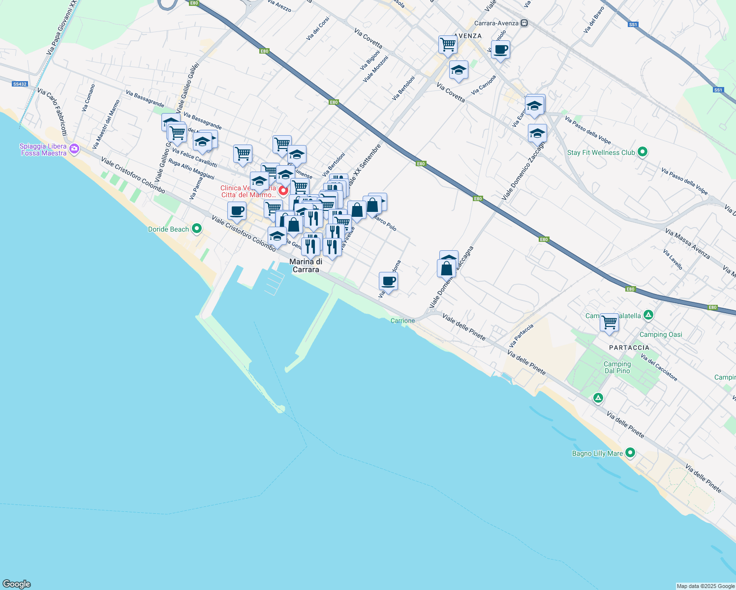 map of restaurants, bars, coffee shops, grocery stores, and more near 3 Viale Giovanni da Verrazzano in Marina di Carrara