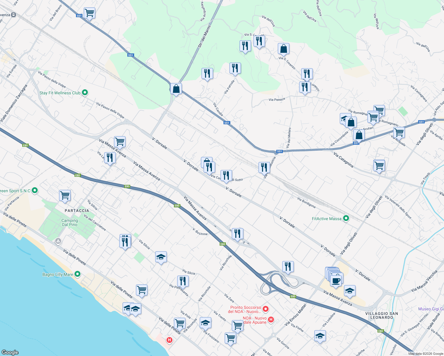 map of restaurants, bars, coffee shops, grocery stores, and more near 38 Via Casellotto di Sotto in Massa