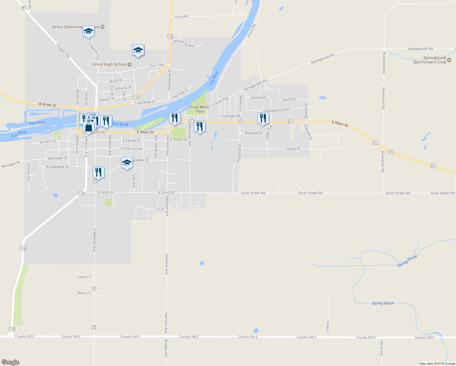 map of restaurants, bars, coffee shops, grocery stores, and more near 707 Industrial Drive in Omro