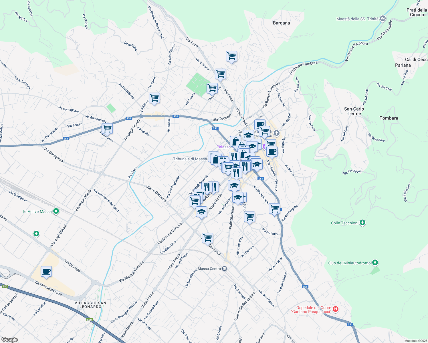 map of restaurants, bars, coffee shops, grocery stores, and more near 7 Via Cesare Beccaria in Massa