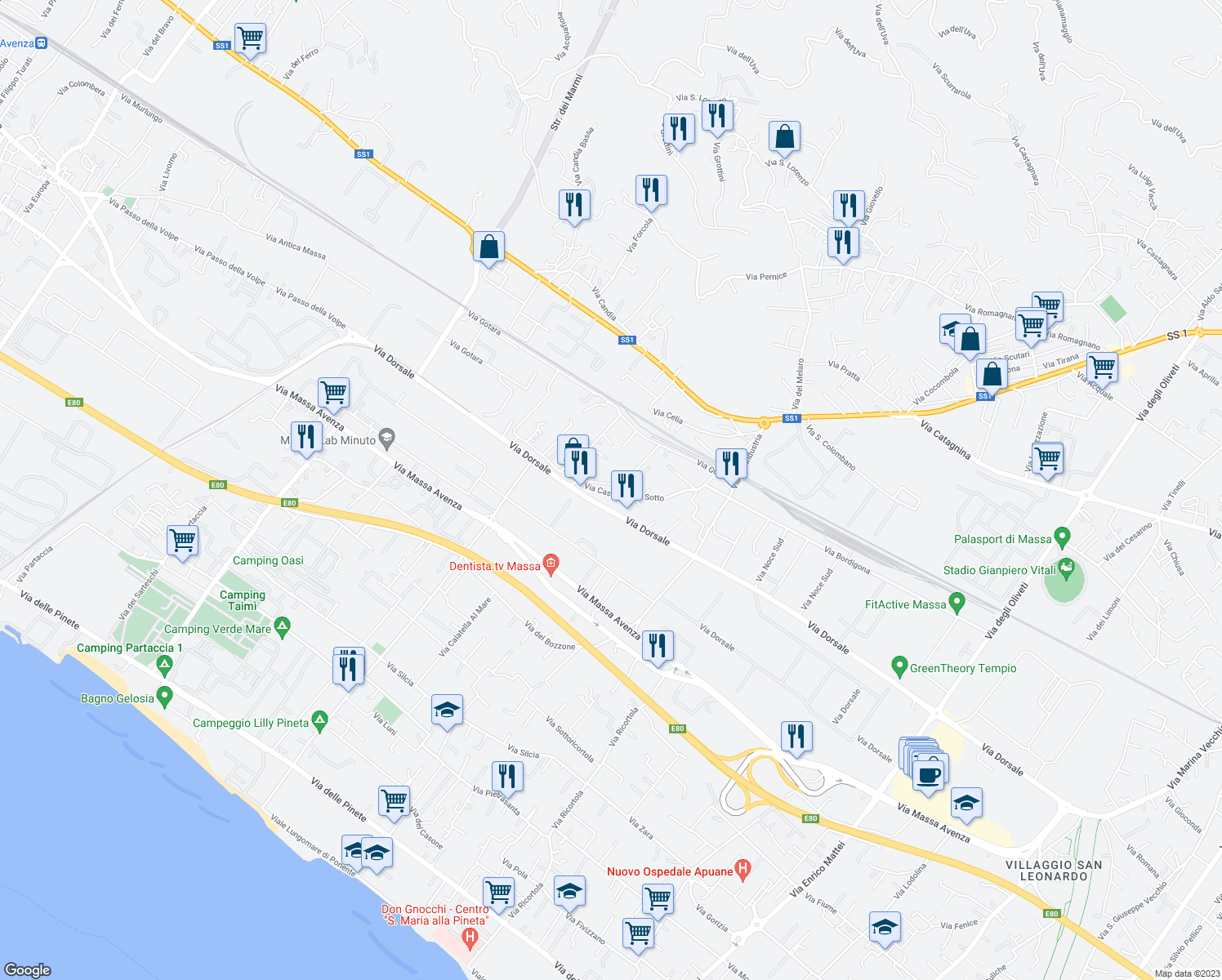 map of restaurants, bars, coffee shops, grocery stores, and more near 38 Via Casellotto di Sotto in Massa