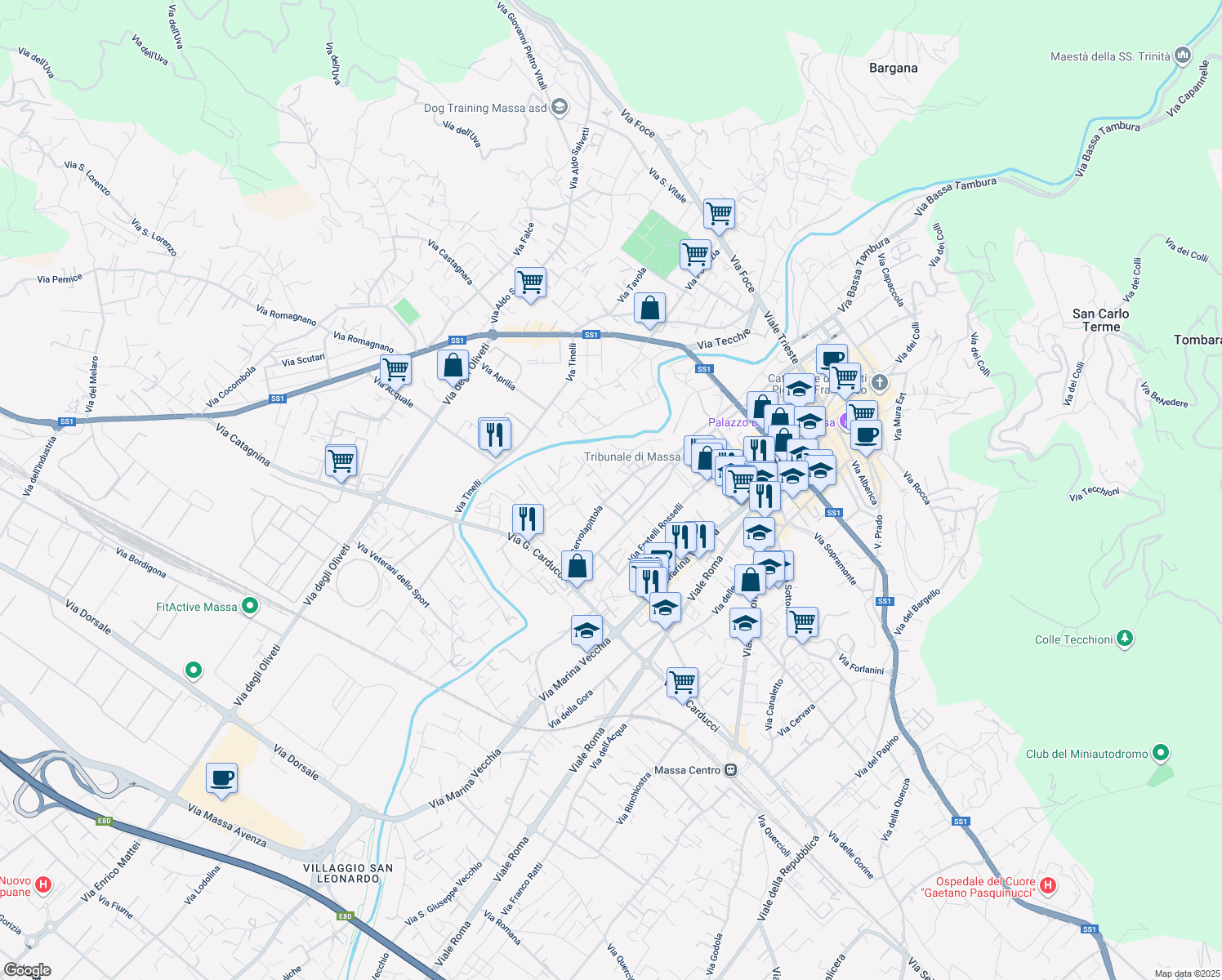map of restaurants, bars, coffee shops, grocery stores, and more near 22a Via Cervolapittola in Massa