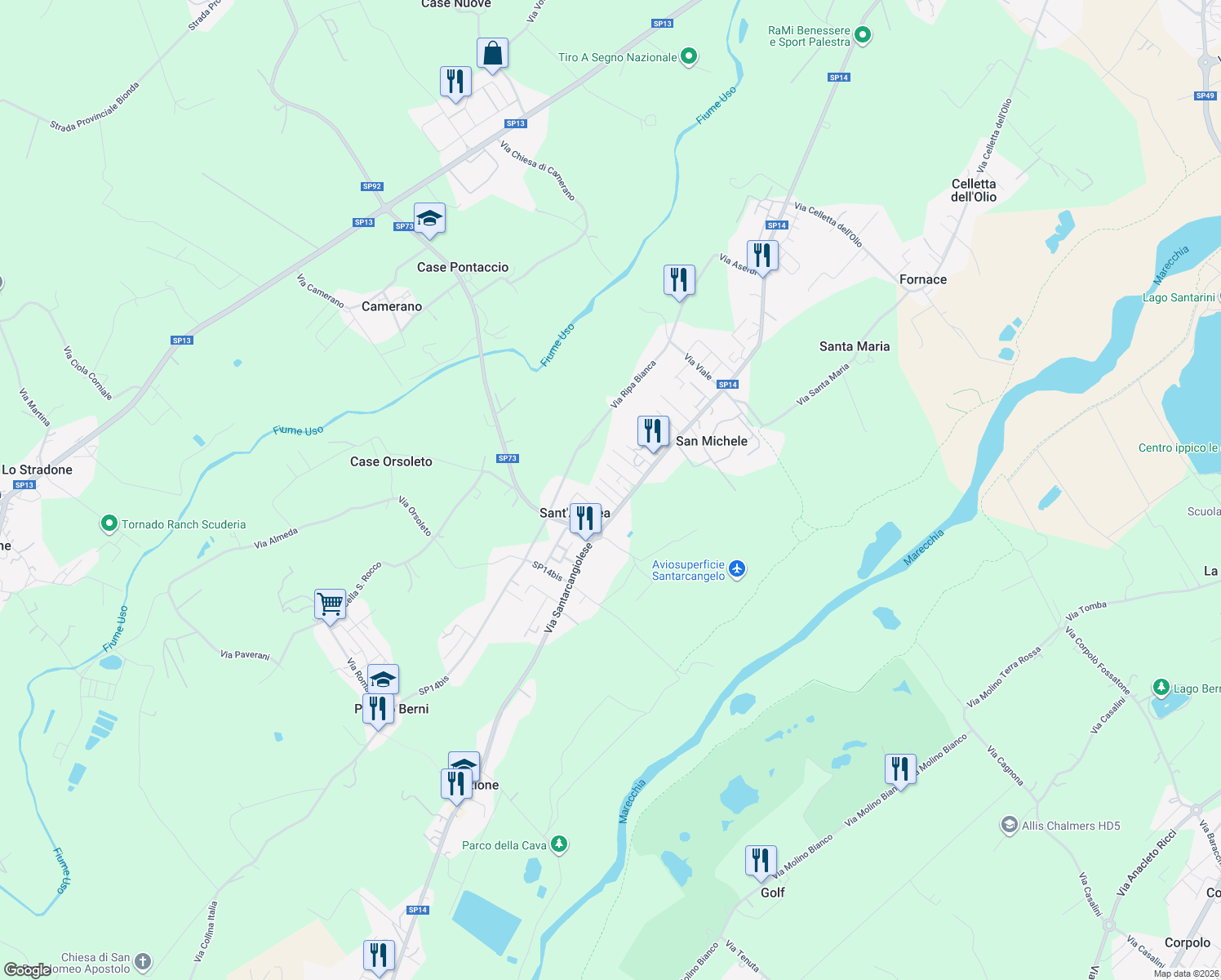 map of restaurants, bars, coffee shops, grocery stores, and more near 6 Via delle Ginestre in Sant'Andrea