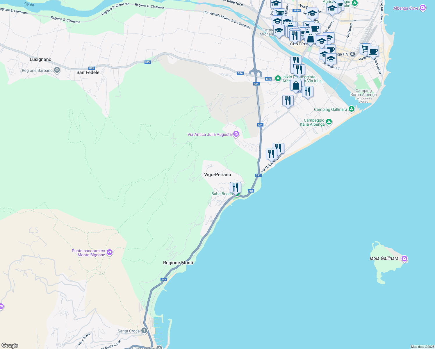 map of restaurants, bars, coffee shops, grocery stores, and more near in Vigo-Peirano