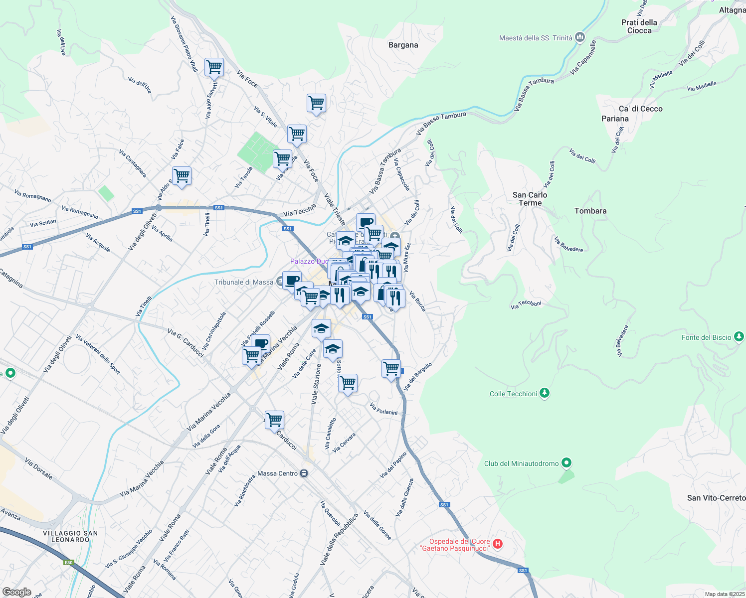 map of restaurants, bars, coffee shops, grocery stores, and more near 17-23 Viale Democrazia in Massa