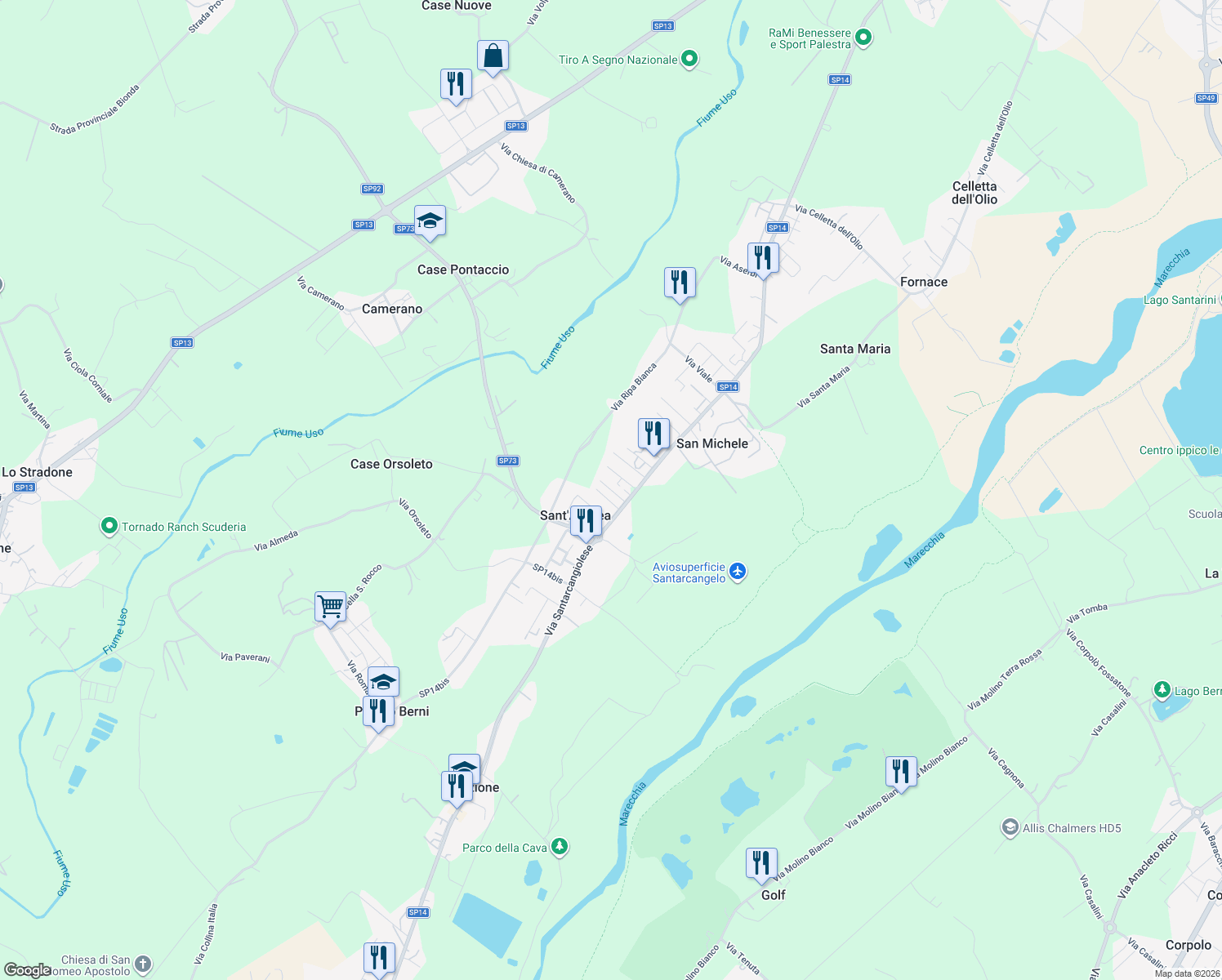 map of restaurants, bars, coffee shops, grocery stores, and more near 6 Via delle Ginestre in Sant'Andrea