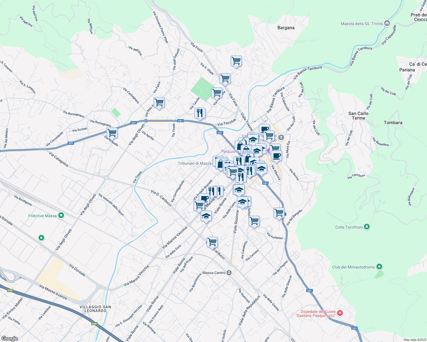 map of restaurants, bars, coffee shops, grocery stores, and more near 2 Via Cesare Beccaria in Massa