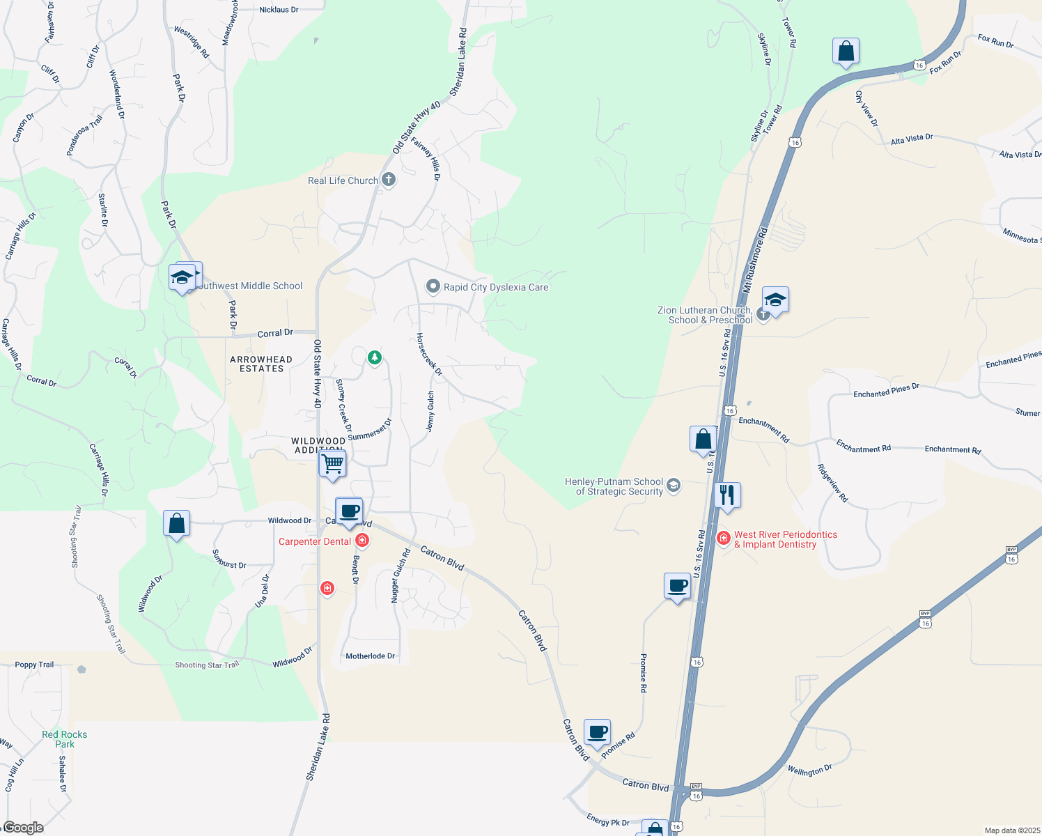 map of restaurants, bars, coffee shops, grocery stores, and more near 2402 Happy Hollow Street in Rapid City