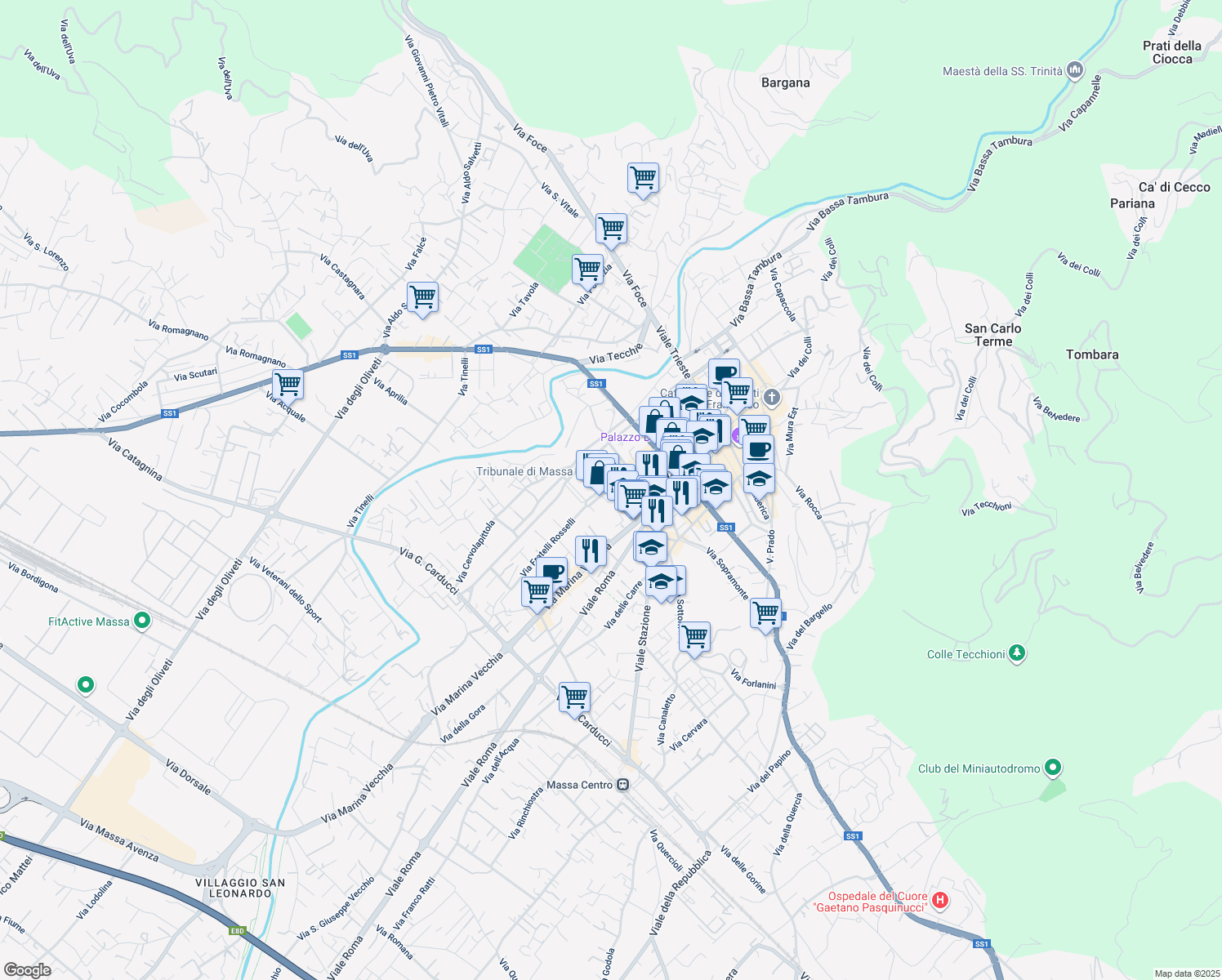 map of restaurants, bars, coffee shops, grocery stores, and more near 1 Piazza Alcide de Gasperi in Massa