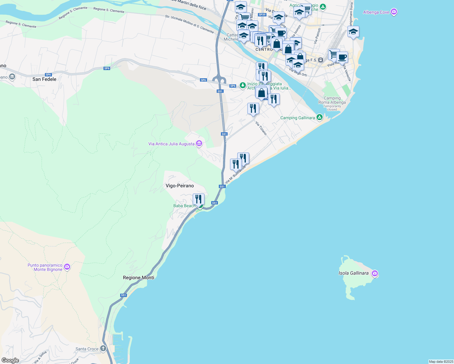 map of restaurants, bars, coffee shops, grocery stores, and more near Strada Statale 1 Aurelia in Province of Savona