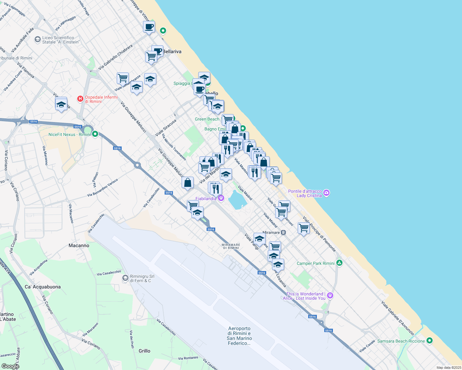 map of restaurants, bars, coffee shops, grocery stores, and more near 36 Via Augusto Righi in Rimini