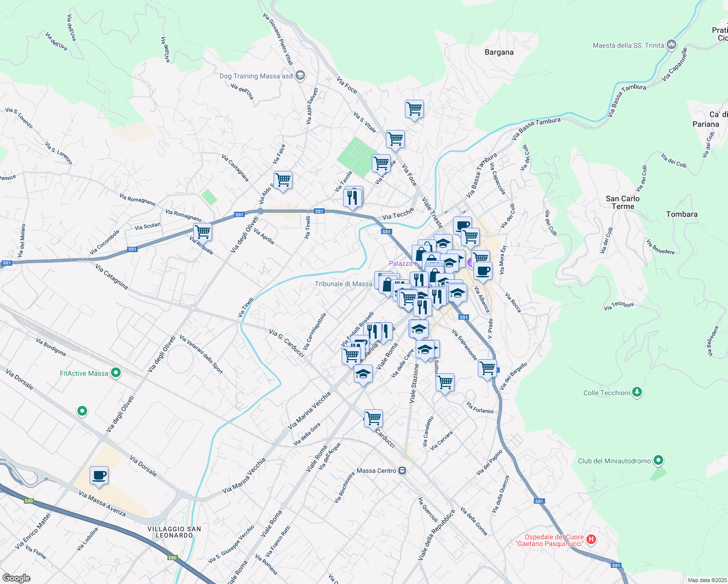 map of restaurants, bars, coffee shops, grocery stores, and more near 7 Via Cervolapittola in Massa
