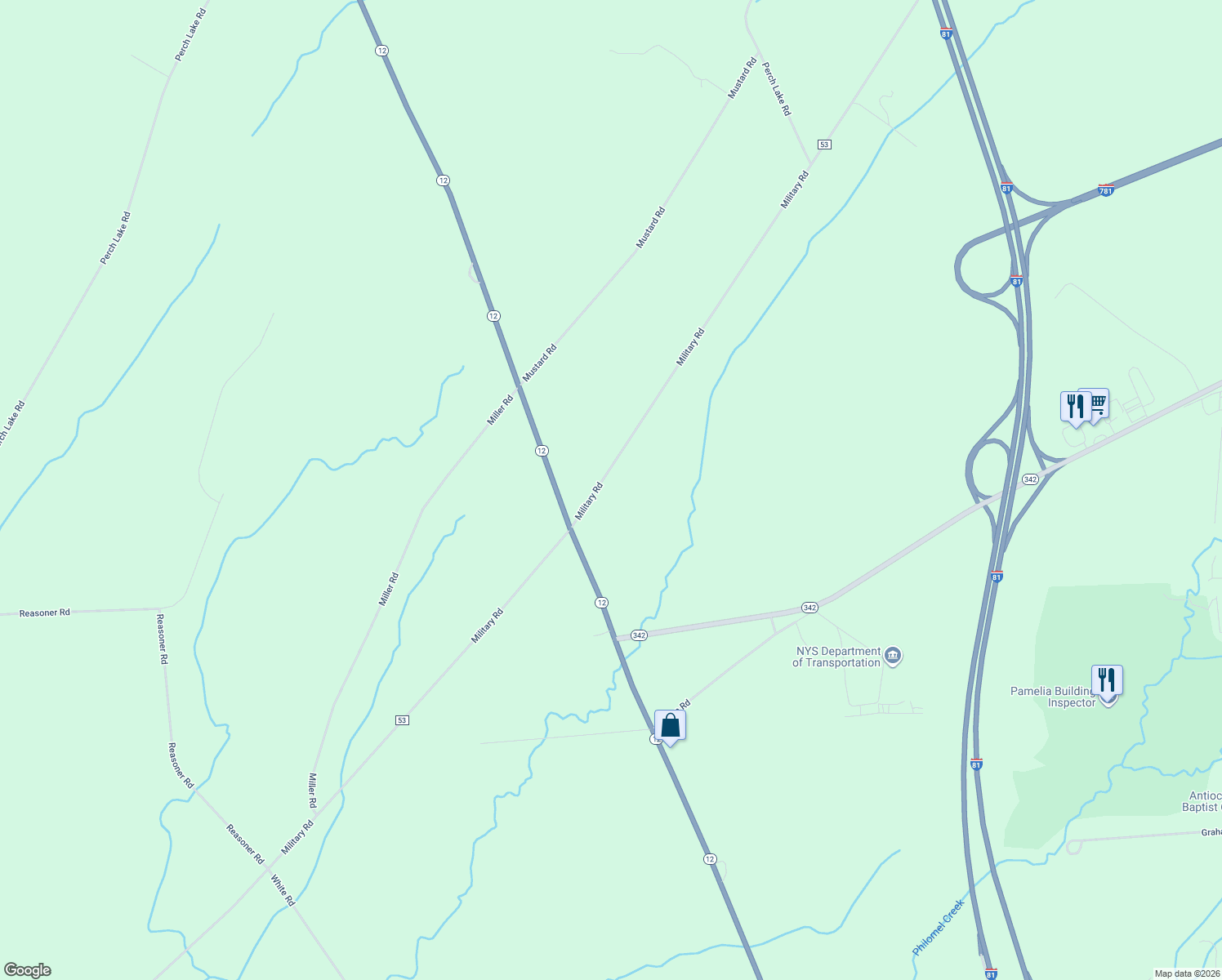 map of restaurants, bars, coffee shops, grocery stores, and more near 25424 Military Road in Watertown