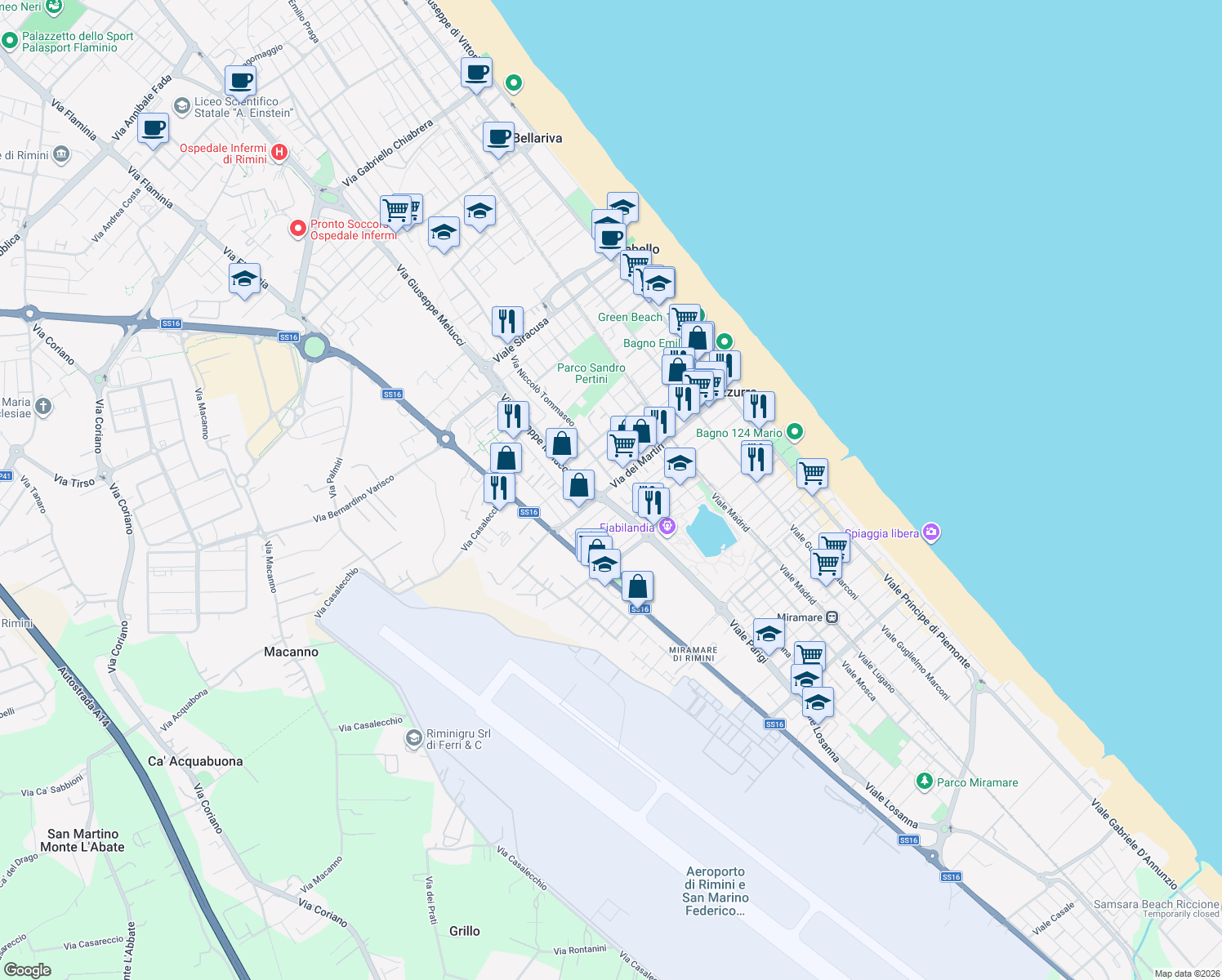 map of restaurants, bars, coffee shops, grocery stores, and more near 28 Via dei Martiri in Rimini
