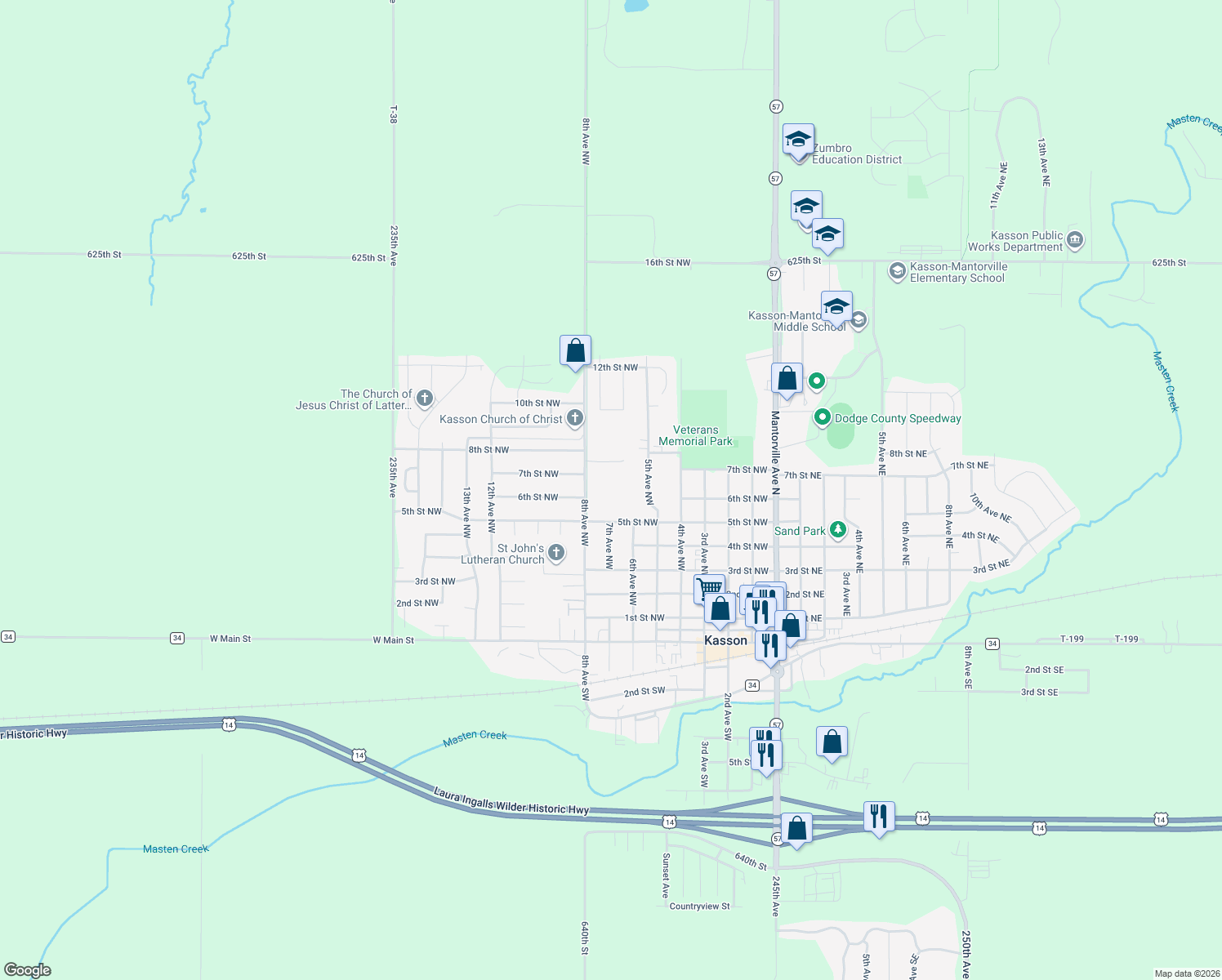 map of restaurants, bars, coffee shops, grocery stores, and more near 600 8th Avenue Northwest in Kasson
