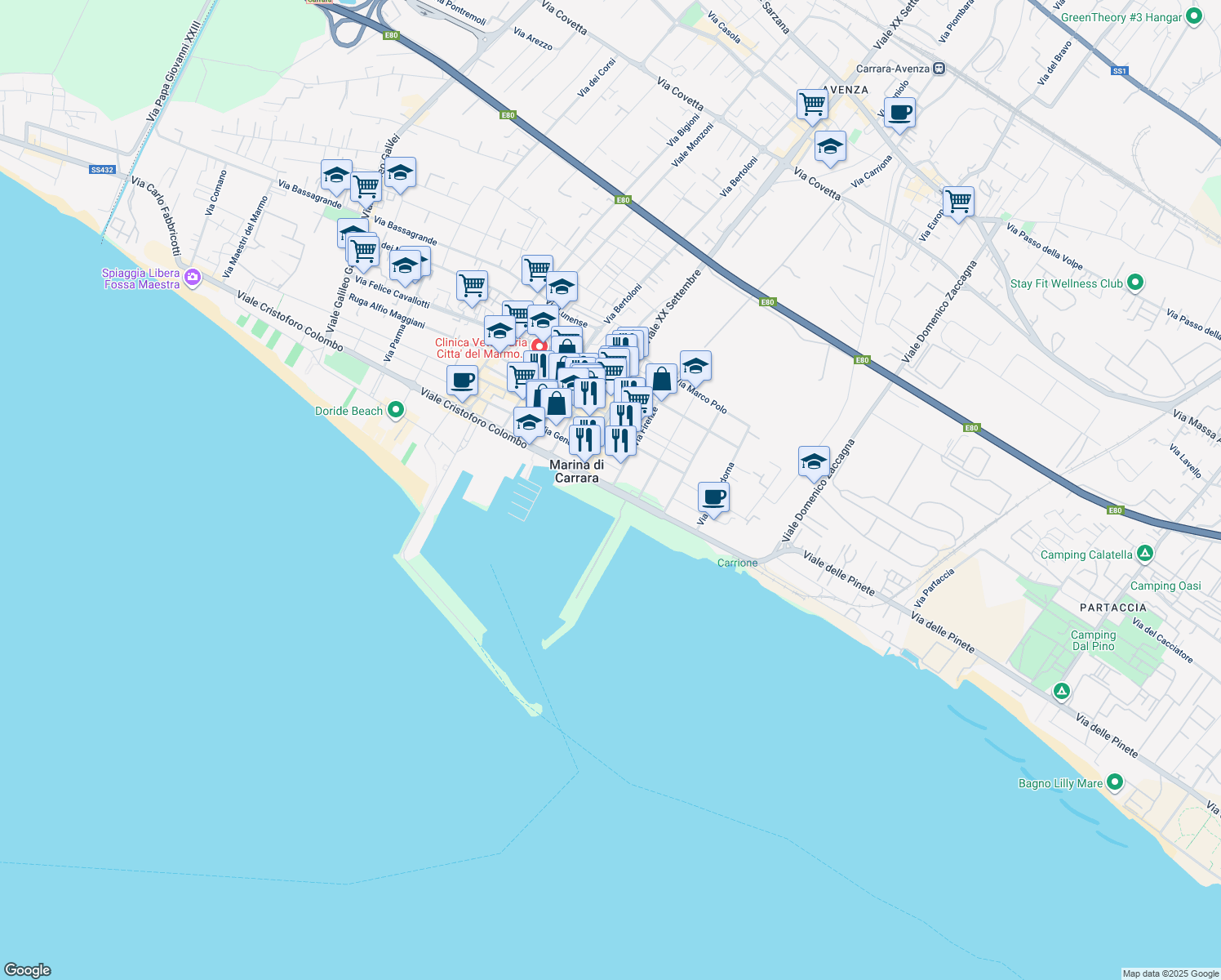 map of restaurants, bars, coffee shops, grocery stores, and more near 3 Viale Giovanni da Verrazzano in Carrara