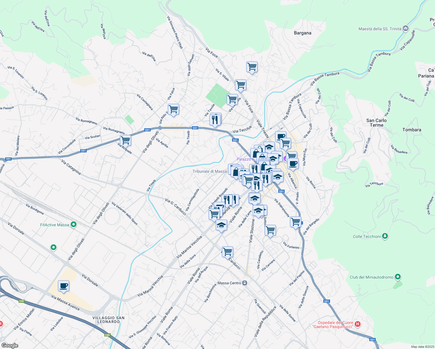 map of restaurants, bars, coffee shops, grocery stores, and more near 7 Via Cervolapittola in Massa