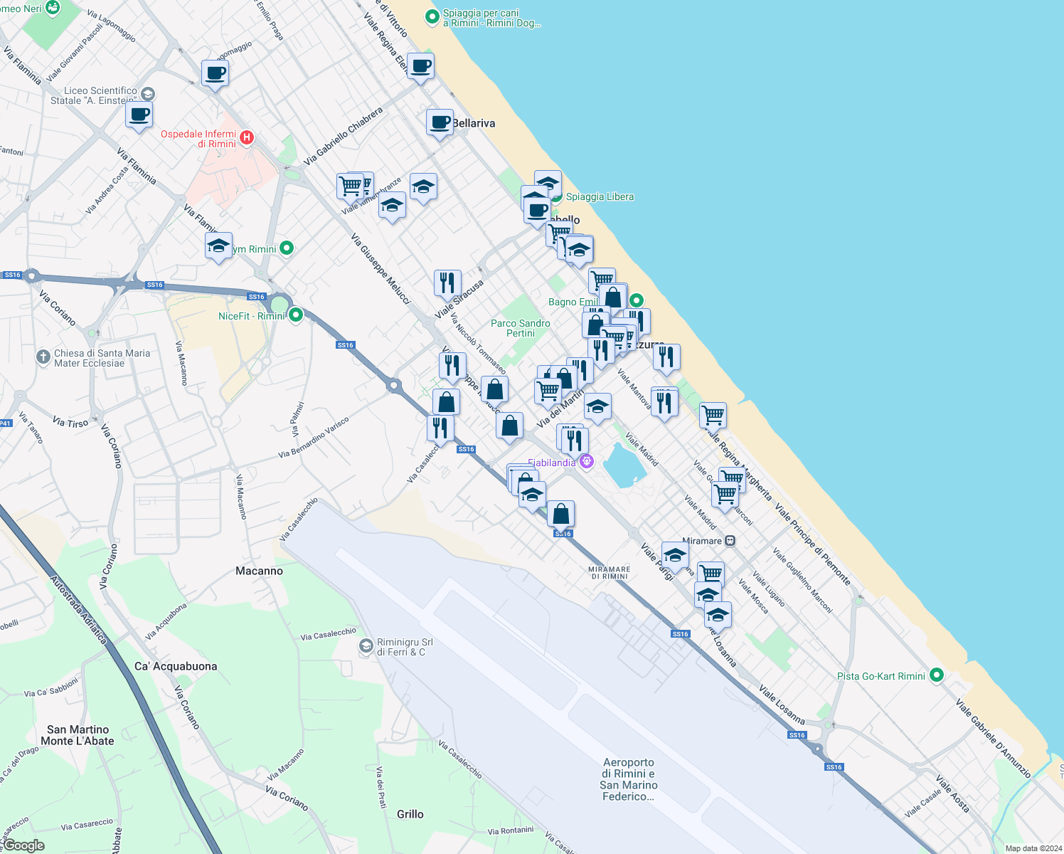 map of restaurants, bars, coffee shops, grocery stores, and more near 28 Via dei Martiri in Rivazzurra