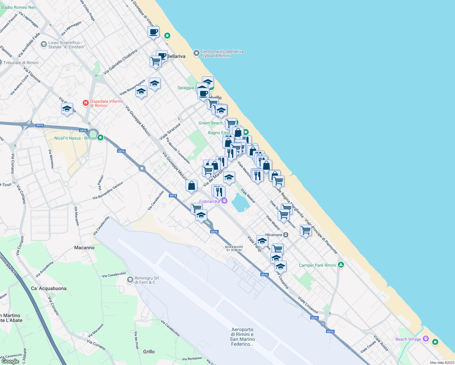 map of restaurants, bars, coffee shops, grocery stores, and more near 36 Via Augusto Righi in Rimini