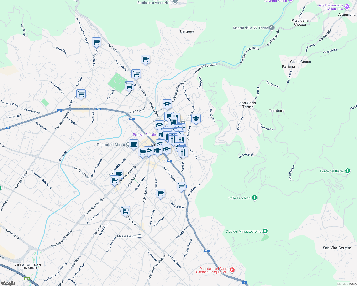 map of restaurants, bars, coffee shops, grocery stores, and more near 25 Piazza Mercurio in Massa