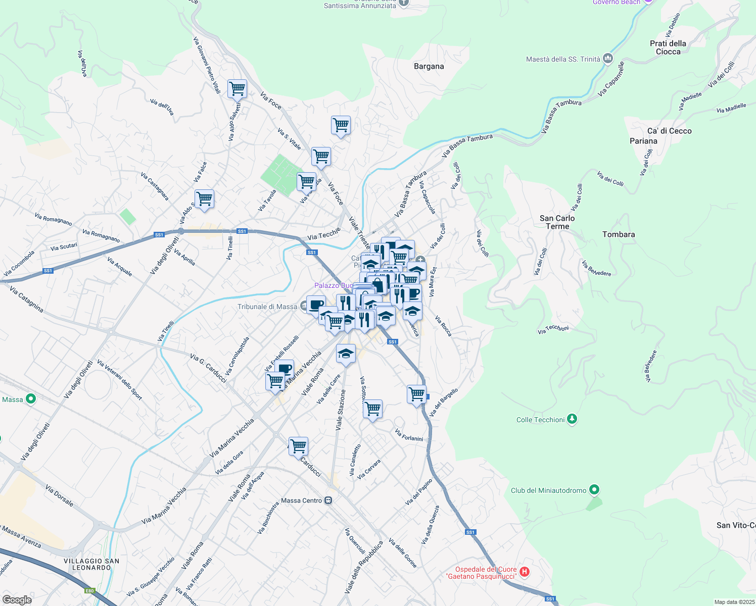 map of restaurants, bars, coffee shops, grocery stores, and more near in Massa