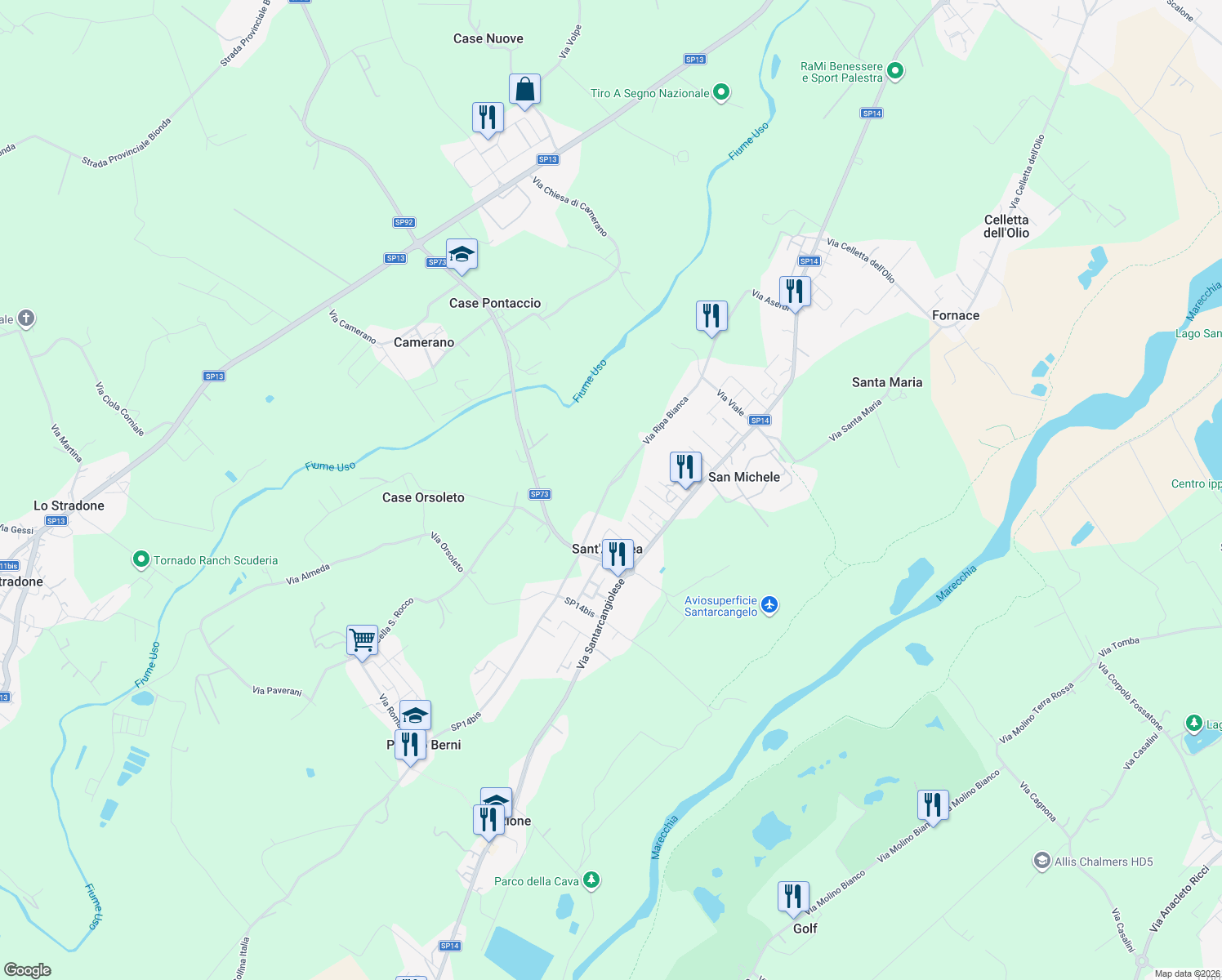 map of restaurants, bars, coffee shops, grocery stores, and more near 336-378 Via Ripa Bianca in Poggio Berni