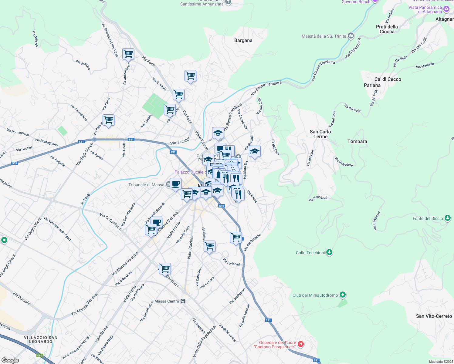 map of restaurants, bars, coffee shops, grocery stores, and more near 22-25 Piazza Mercurio in Massa