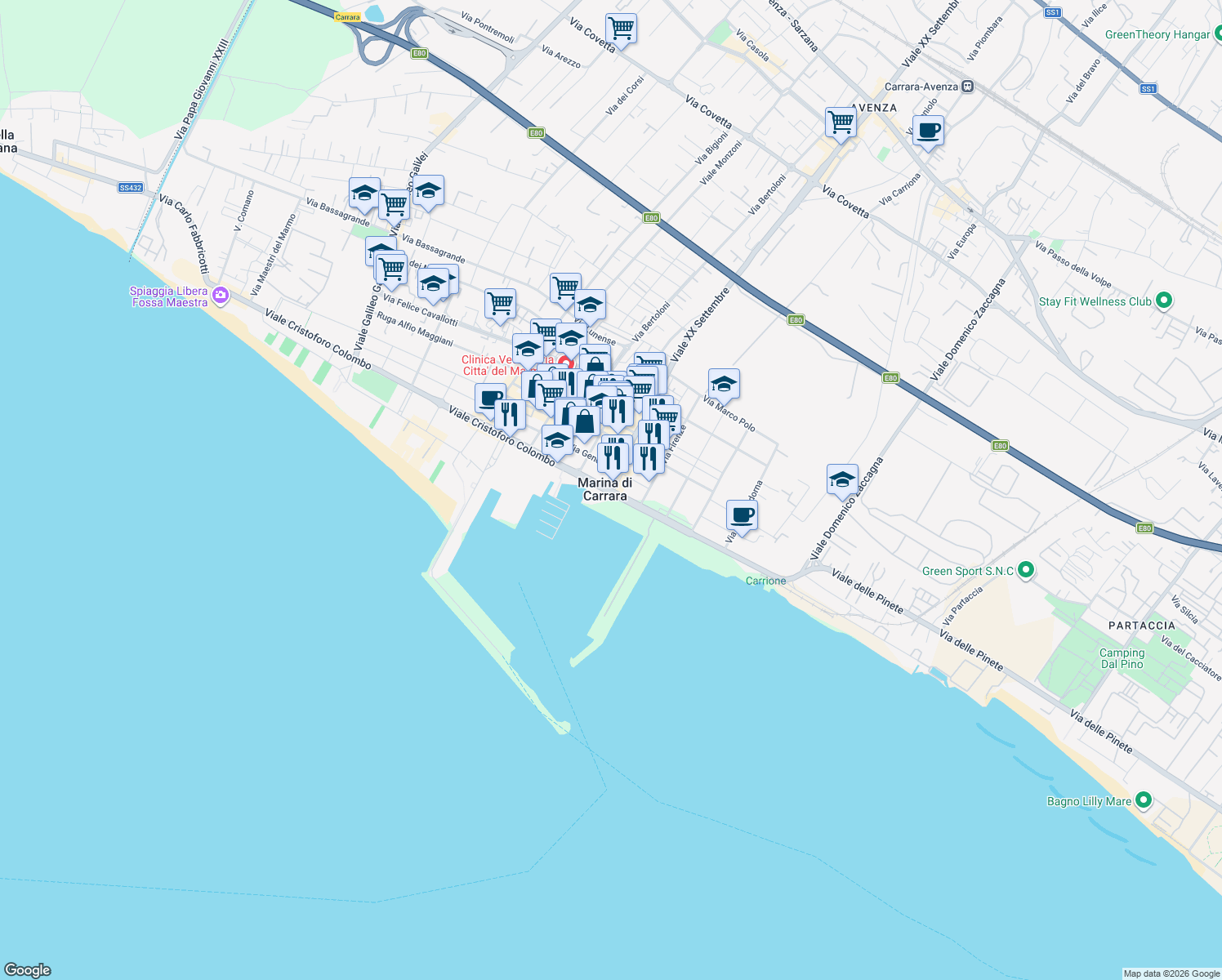 map of restaurants, bars, coffee shops, grocery stores, and more near 6 Viale XX Settembre in Carrara