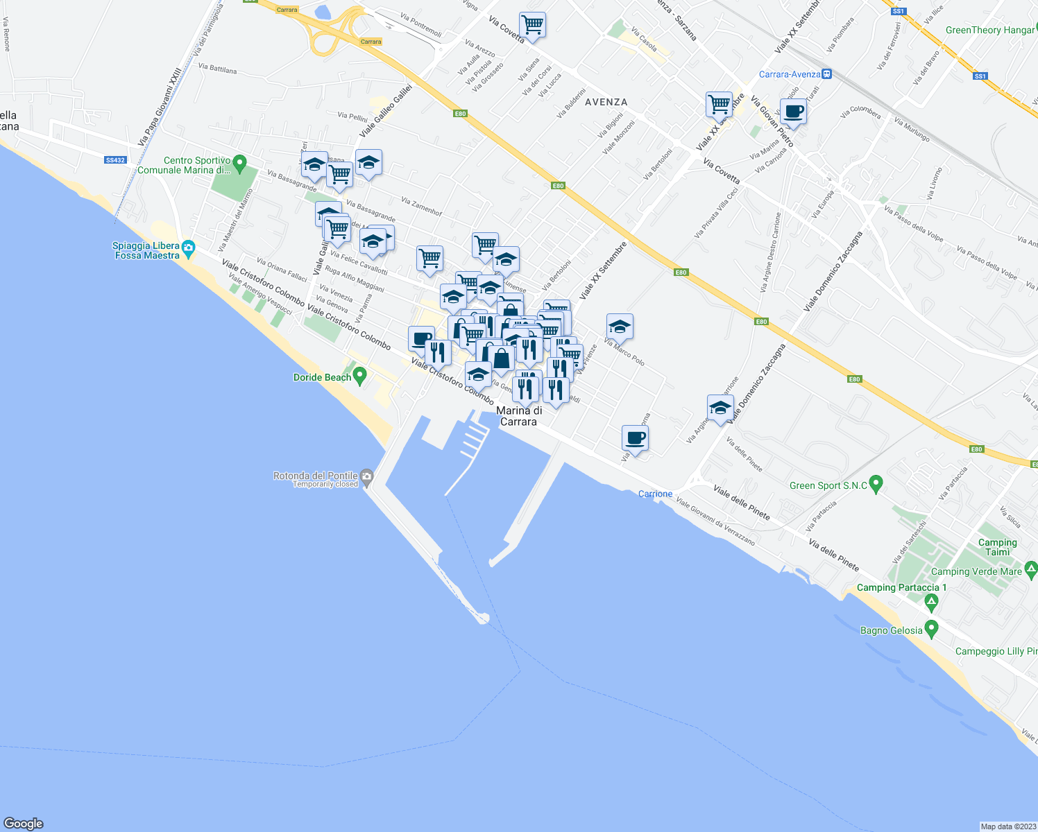 map of restaurants, bars, coffee shops, grocery stores, and more near 6 Viale XX Settembre in Carrara