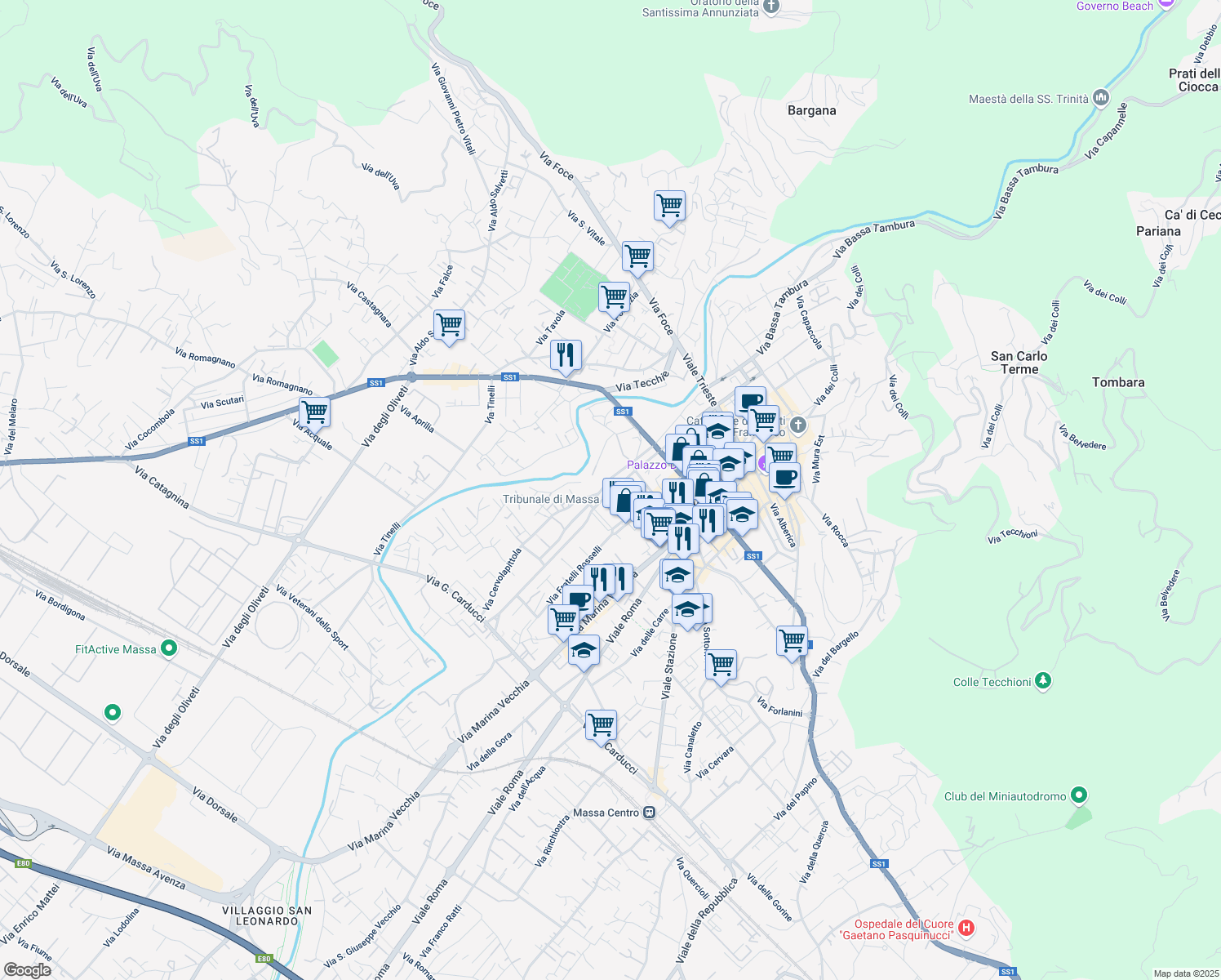 map of restaurants, bars, coffee shops, grocery stores, and more near 2 Via Cesare Beccaria in Massa