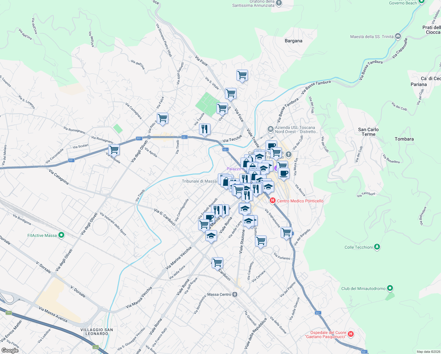 map of restaurants, bars, coffee shops, grocery stores, and more near 2 Via Cesare Beccaria in Massa