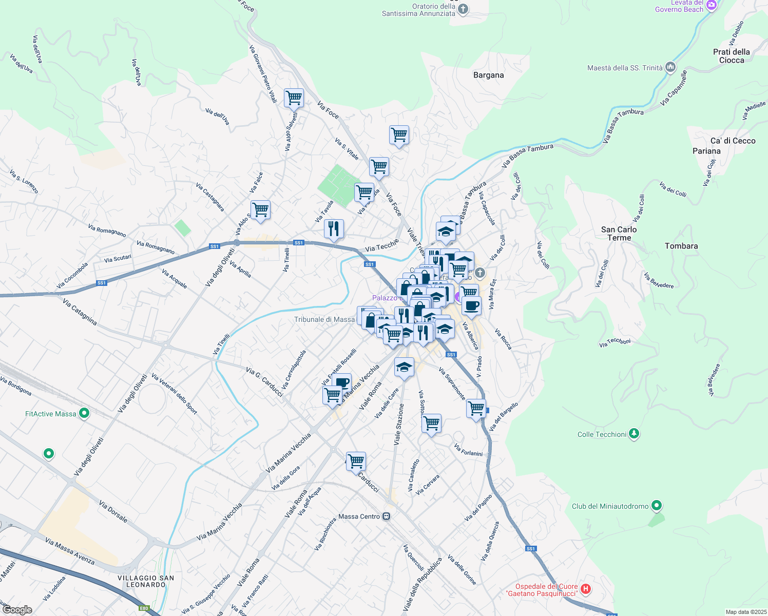 map of restaurants, bars, coffee shops, grocery stores, and more near 2 Via Dino Galvani in Massa