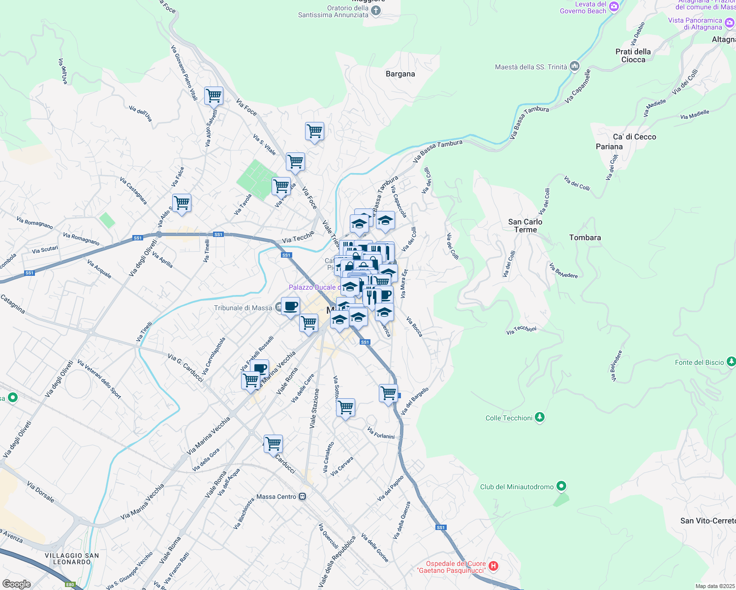 map of restaurants, bars, coffee shops, grocery stores, and more near 4 Via Francesco Petrarca in Massa